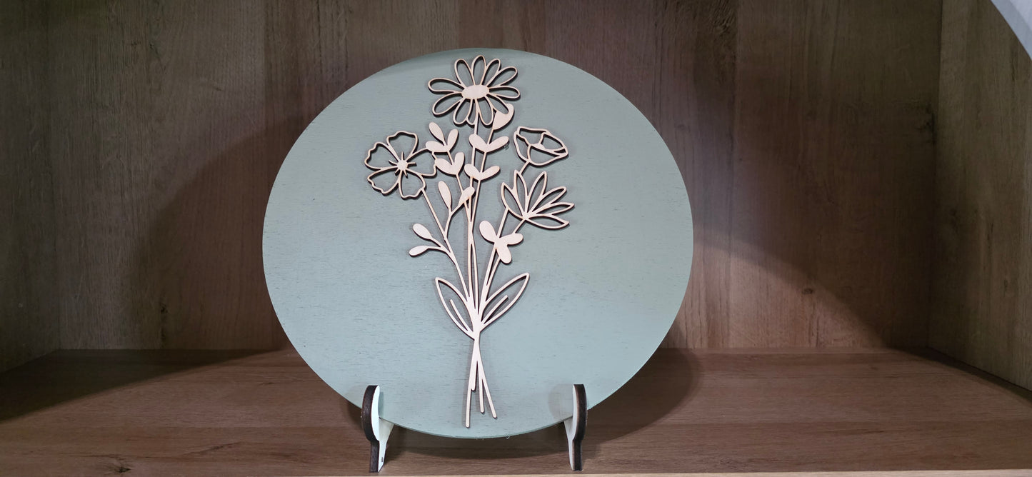 Wildflower Decor – Round Wood Floral Decor, Layered Flower Bouquet on Painted Circle, Rustic Farmhouse Gift