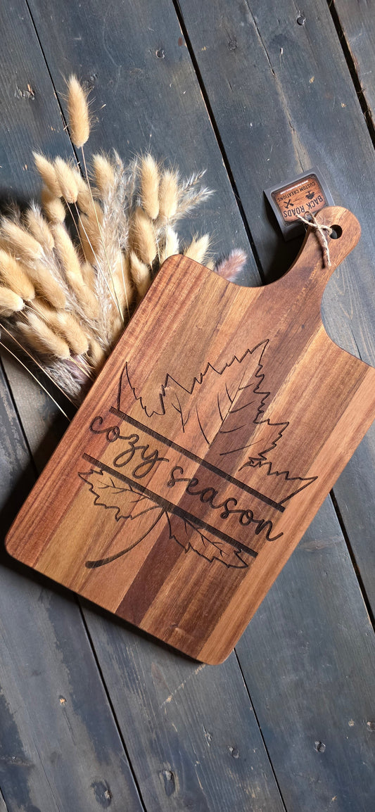Cozy Season Cutting Board – Laser Engraved Solid Wood Fall Charcuterie & Serving Board