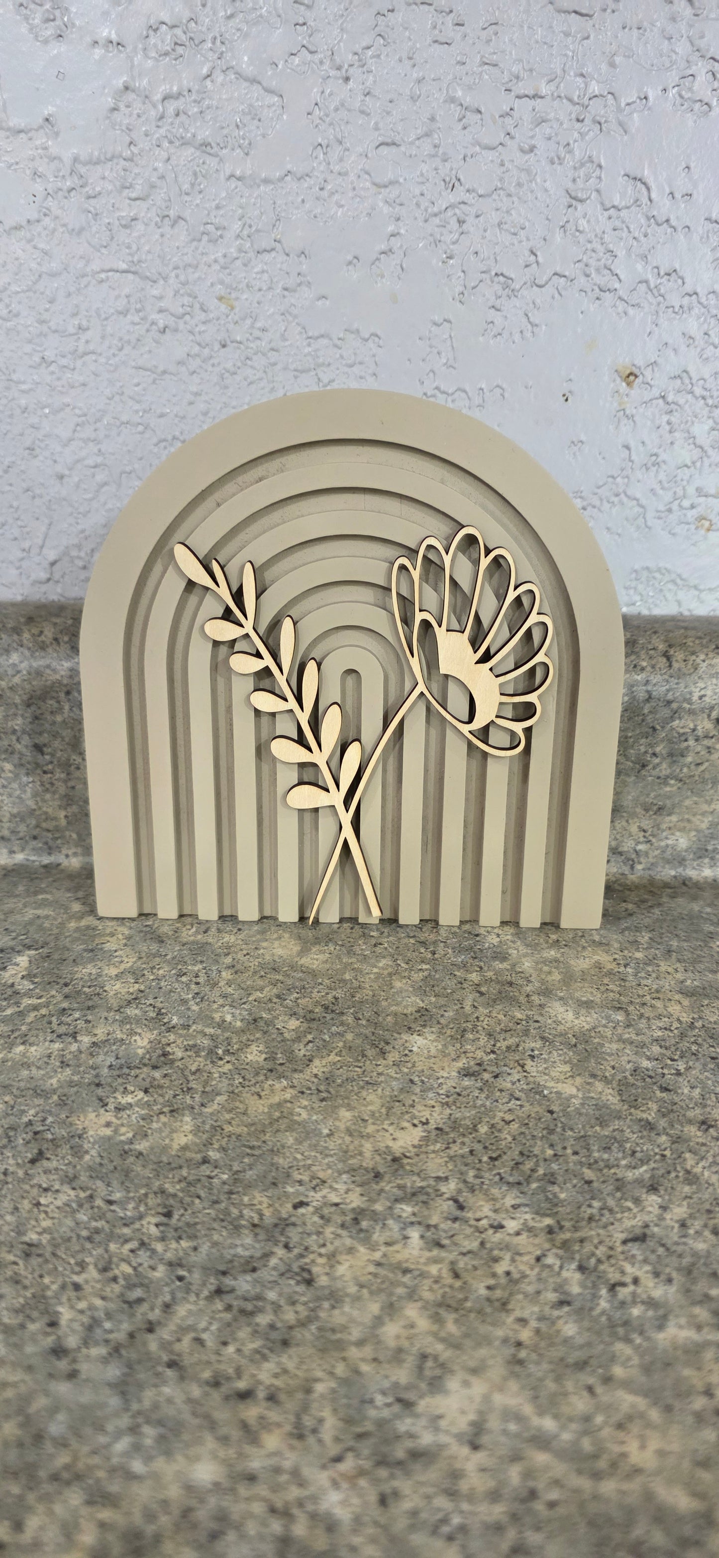 Modern Floral Arch Wood Decor – Layered 3D Flower Sign – Neutral Boho Shelf Decor