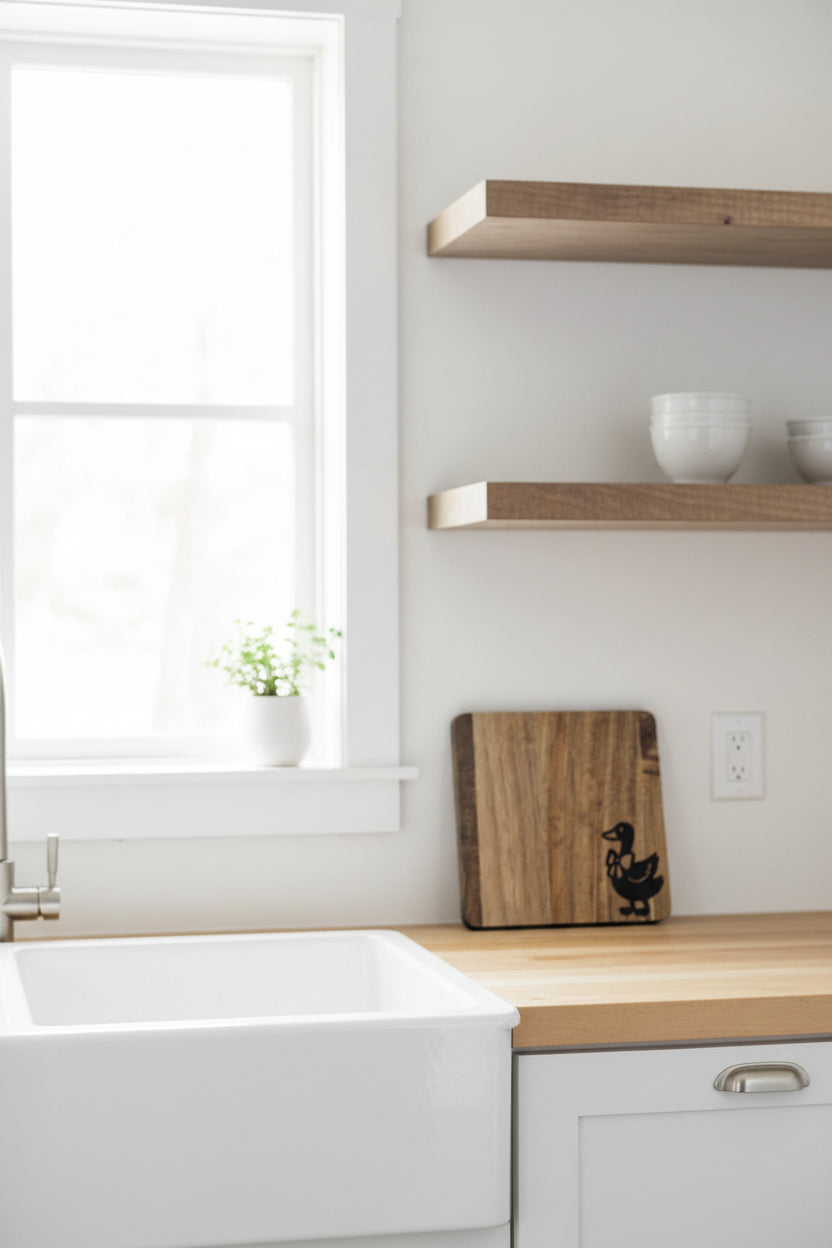 A square wooden cutting board with rounded corners, featuring a black laser-engraved duck silhouette and heart design in the upper right corner, resting on a light wood table.