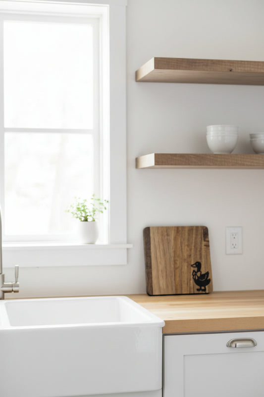 A square wooden cutting board with rounded corners, featuring a black laser-engraved duck silhouette and heart design in the upper right corner, resting on a light wood table.
