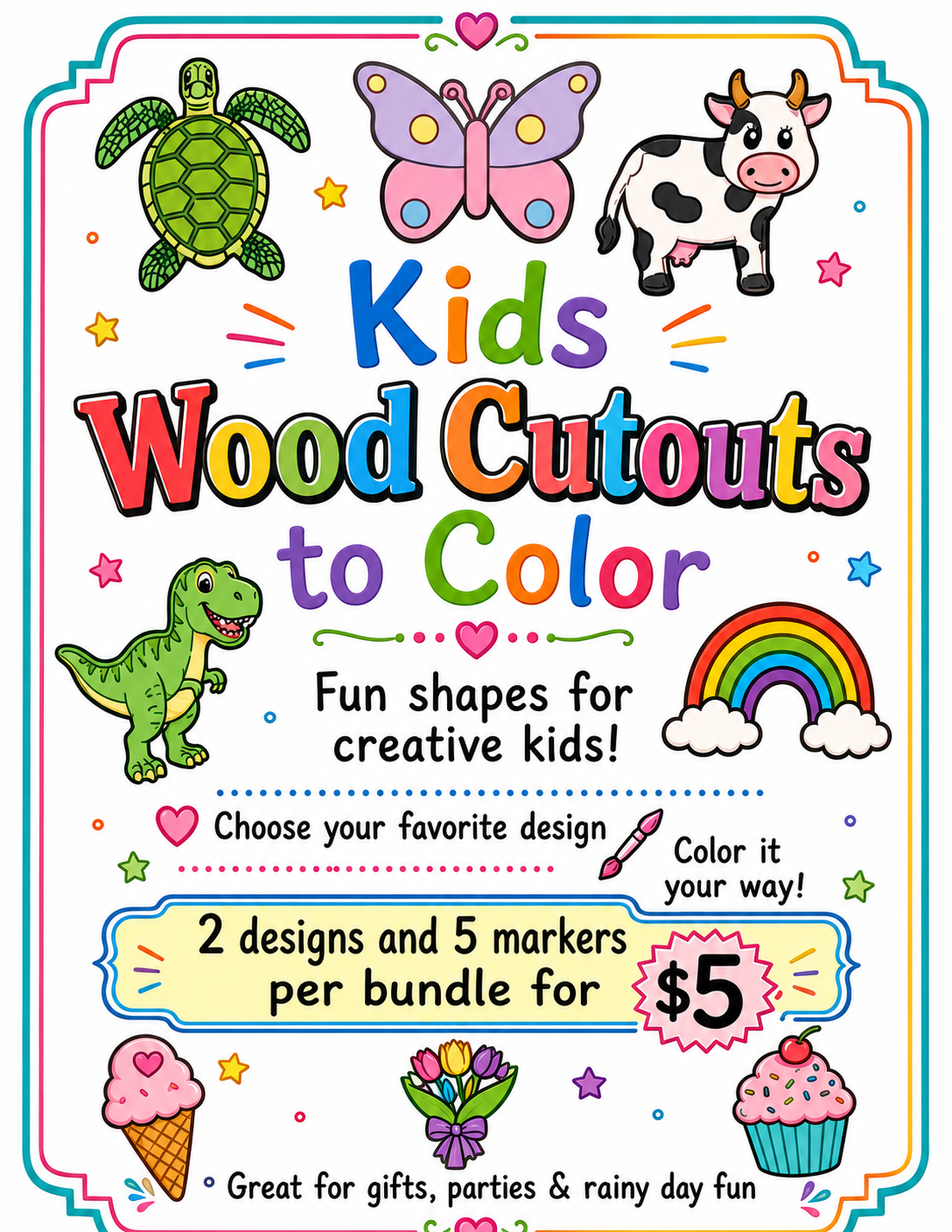 Kids Wood Cutout Coloring Bundle – 2 Designs + Markers