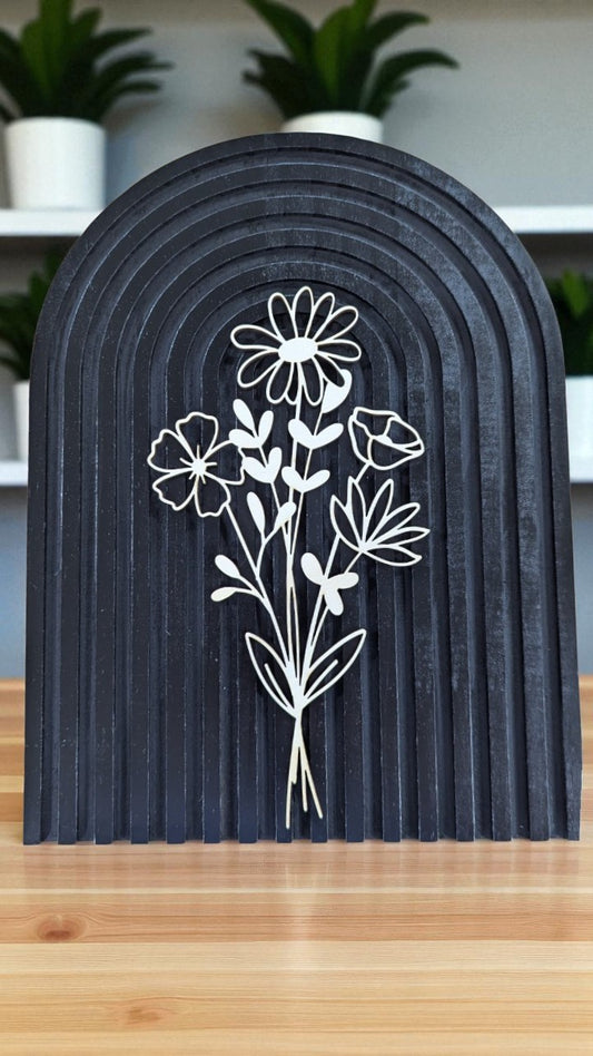 Modern Floral Arch Wood Decor – Layered 3D Flower Sign – Neutral Boho Shelf Decor