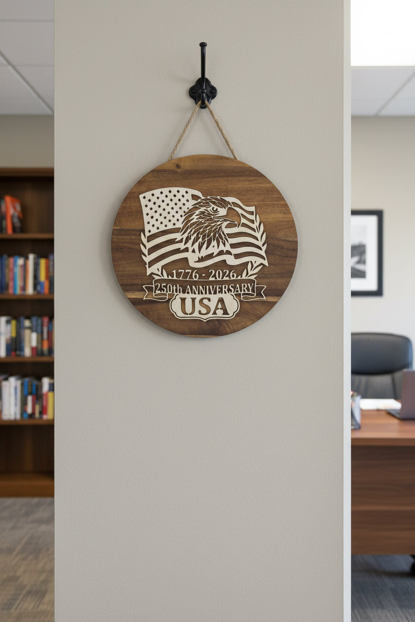 USA 250th Anniversary Engraved Wooden Wall Plaque | Patriotic Eagle Flag Decor | 1776–2026 Commemorative Sign
