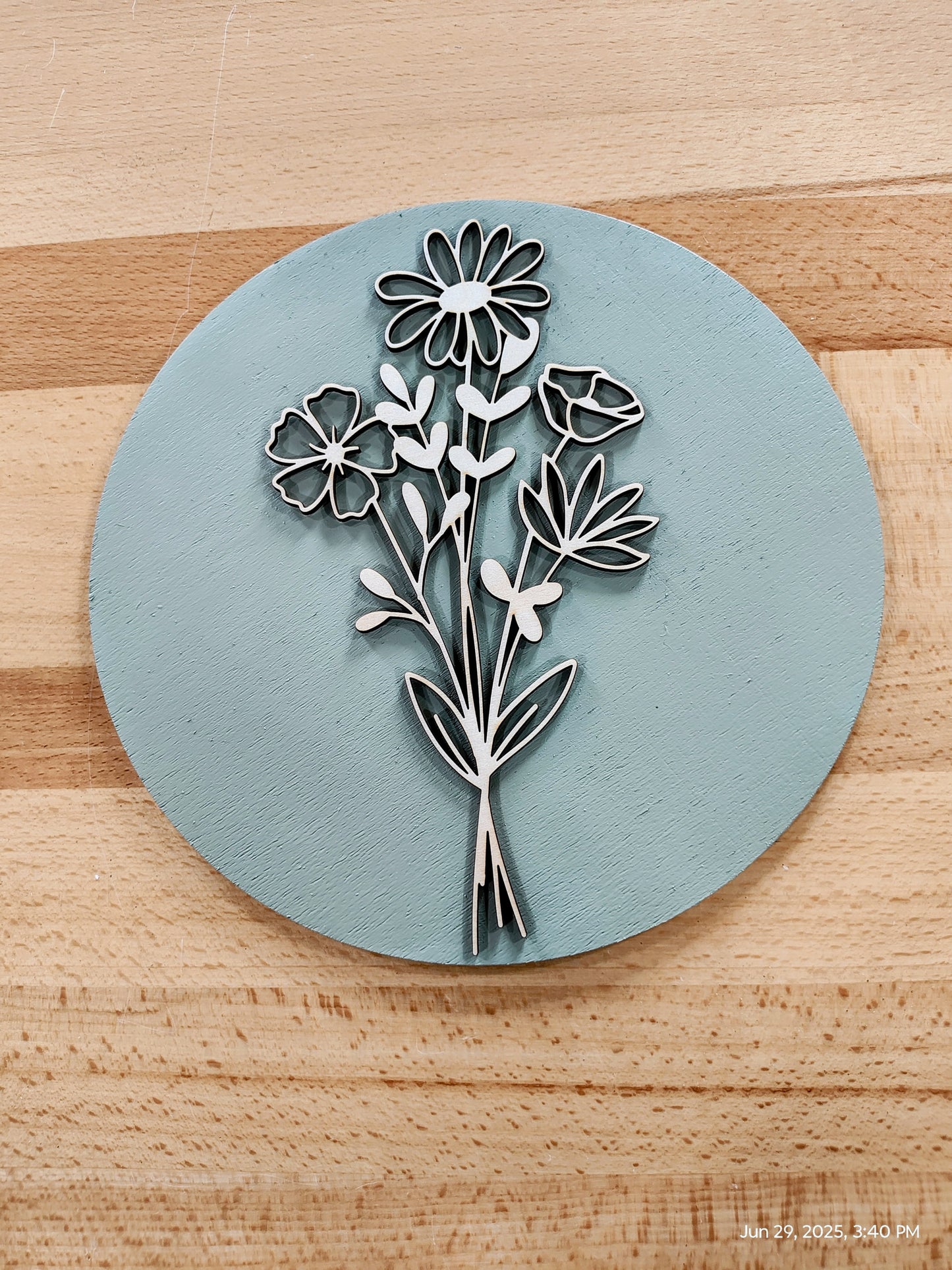 Wildflower Decor – Round Wood Floral Decor, Layered Flower Bouquet on Painted Circle, Rustic Farmhouse Gift