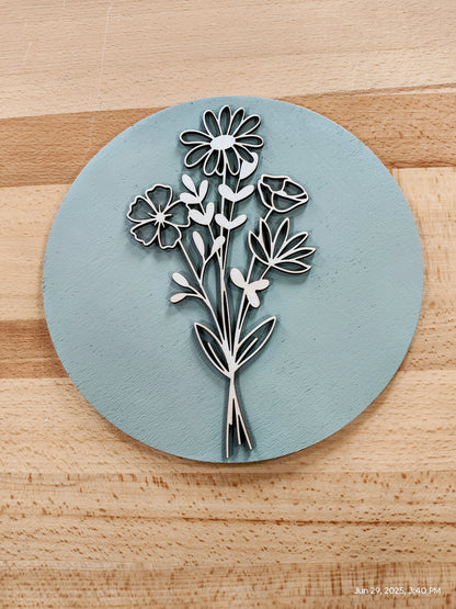 Wildflower Decor – Round Wood Floral Decor, Layered Flower Bouquet on Painted Circle, Rustic Farmhouse Gift
