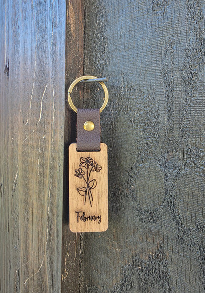 Personalized Birth Month Flower Keychain – Handcrafted Wooden Floral Key Ring with Engraved Monthly Blooms – Custom Gift for Her or Him
