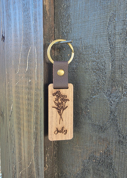 Personalized Birth Month Flower Keychain – Handcrafted Wooden Floral Key Ring with Engraved Monthly Blooms – Custom Gift for Her or Him