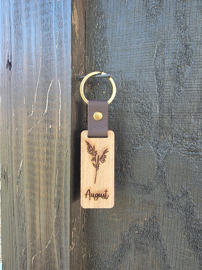Personalized Birth Month Flower Keychain – Handcrafted Wooden Floral Key Ring with Engraved Monthly Blooms – Custom Gift for Her or Him