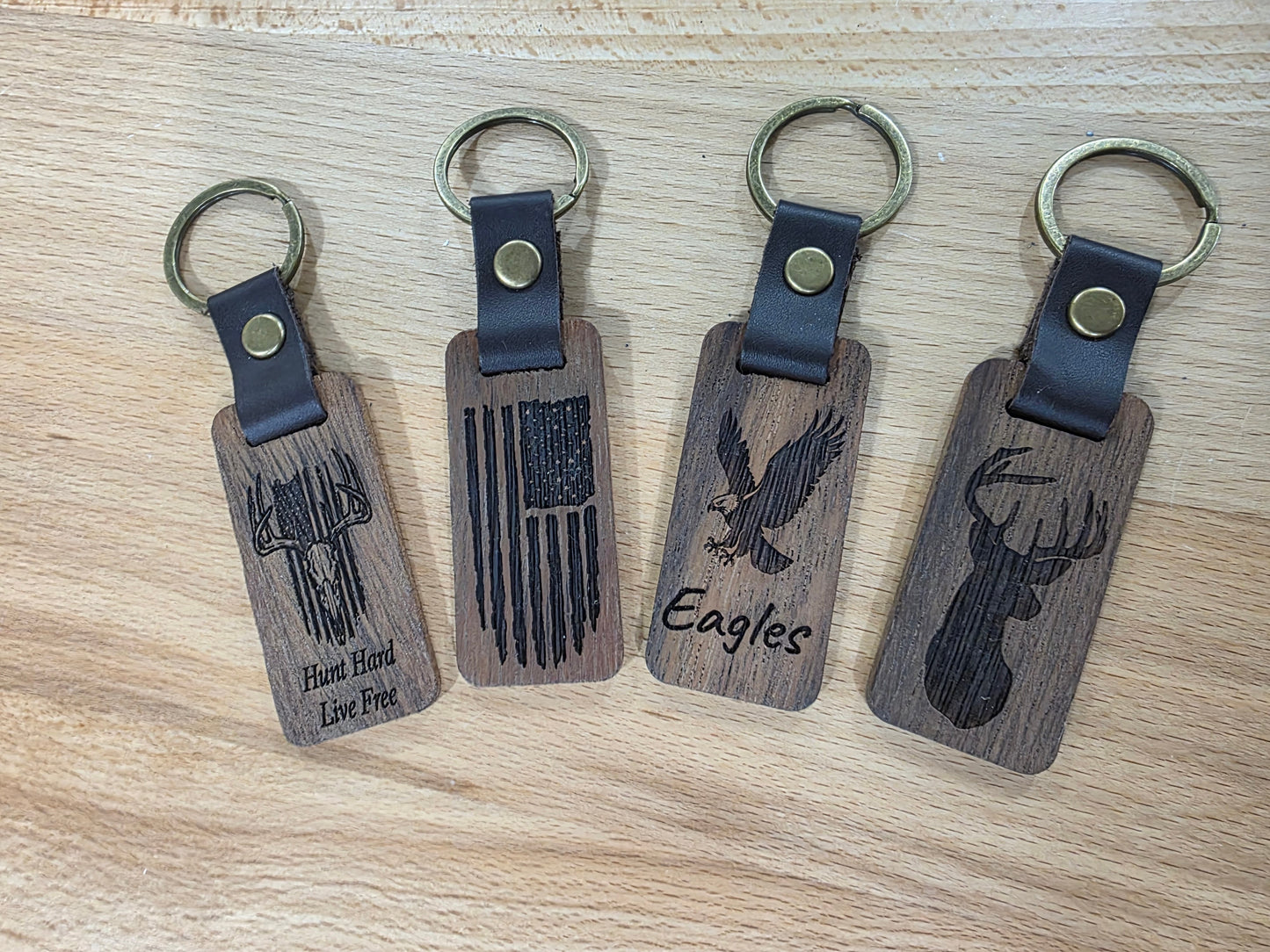 Rustic Laser Engraved Wooden Keychains – with Leather Strap