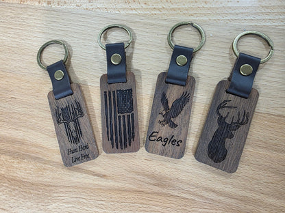 Rustic Laser Engraved Wooden Keychains – with Leather Strap