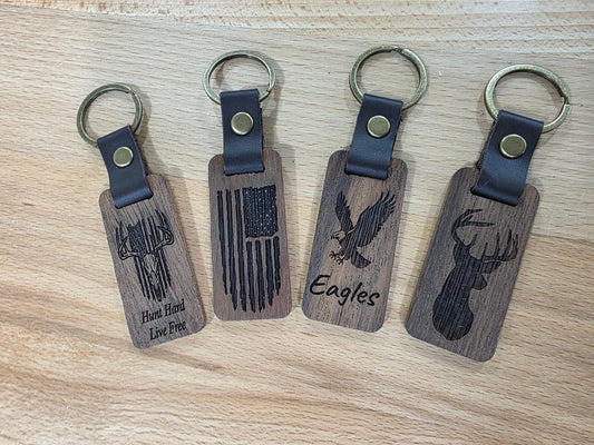 Rustic Laser Engraved Wooden Keychains – with Leather Strap