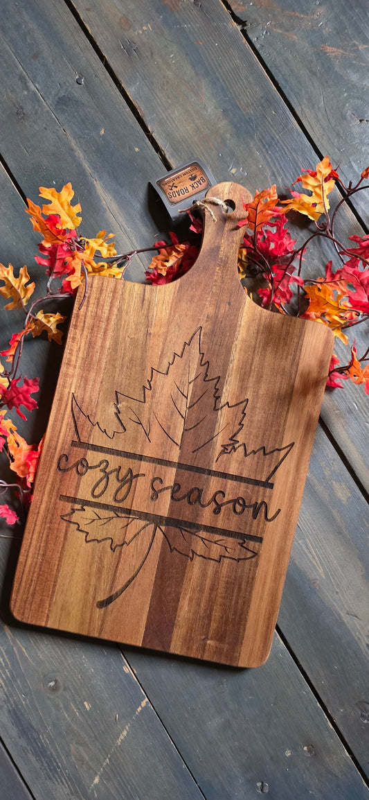 Cozy Season Cutting Board – Laser Engraved Solid Wood Fall Charcuterie & Serving Board