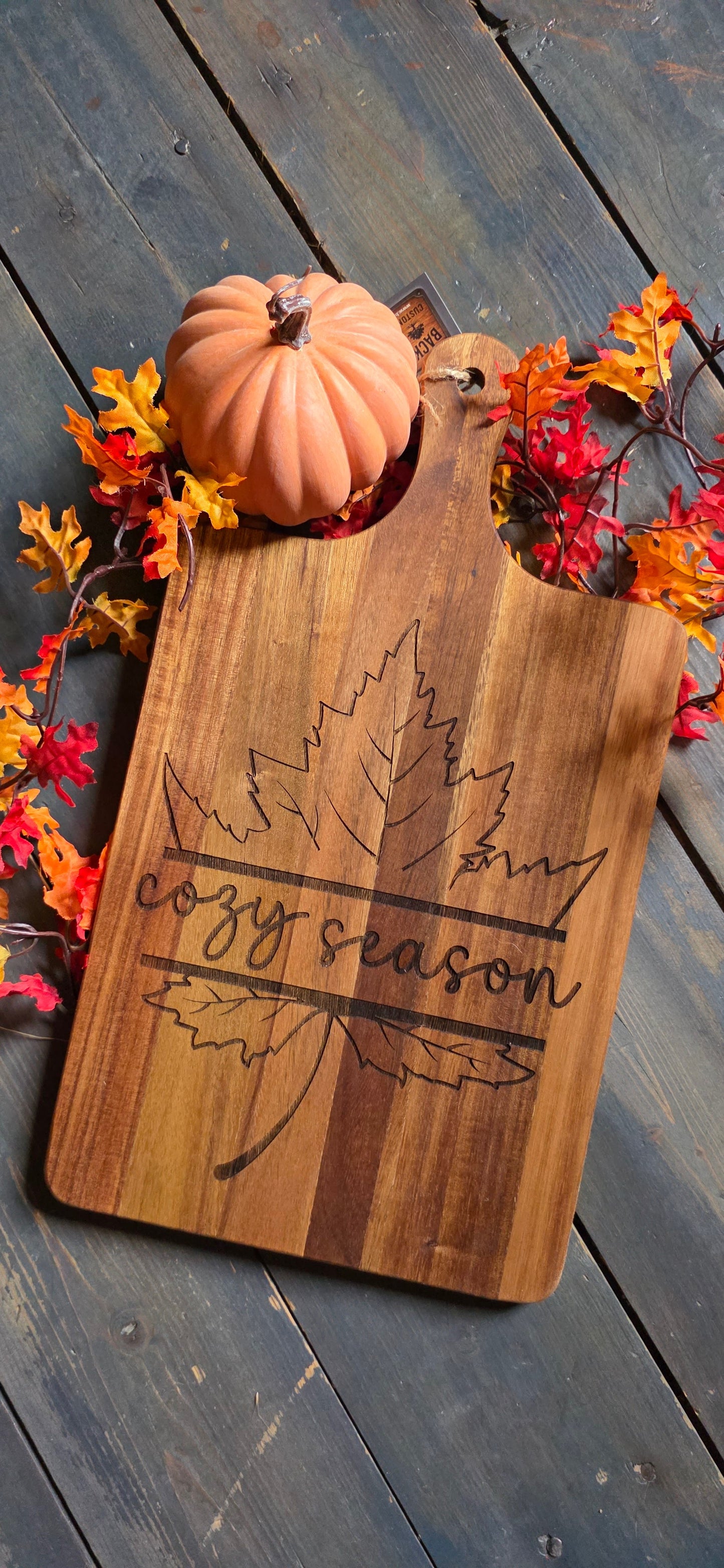 Cozy Season Cutting Board – Laser Engraved Solid Wood Fall Charcuterie & Serving Board