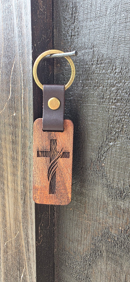 Rustic Laser Engraved Wooden Keychains – with Leather Strap