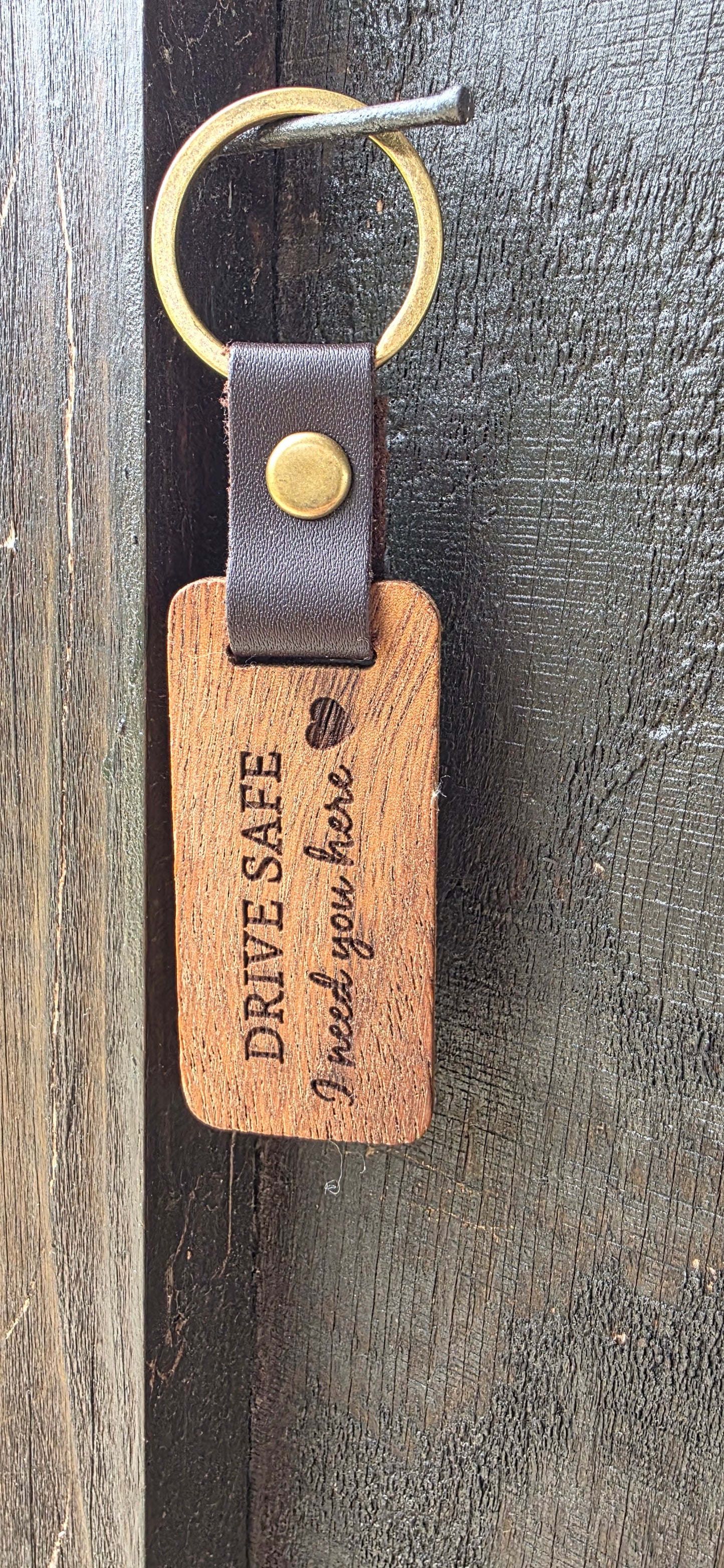 Rustic Laser Engraved Wooden Keychains – with Leather Strap