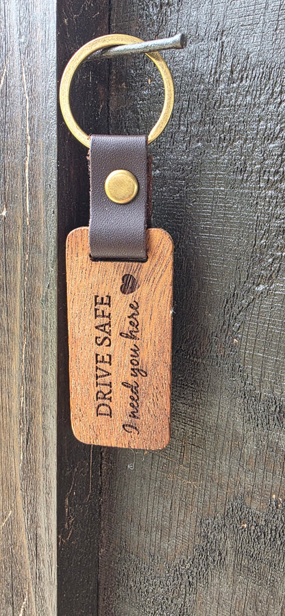 Rustic Laser Engraved Wooden Keychains – with Leather Strap