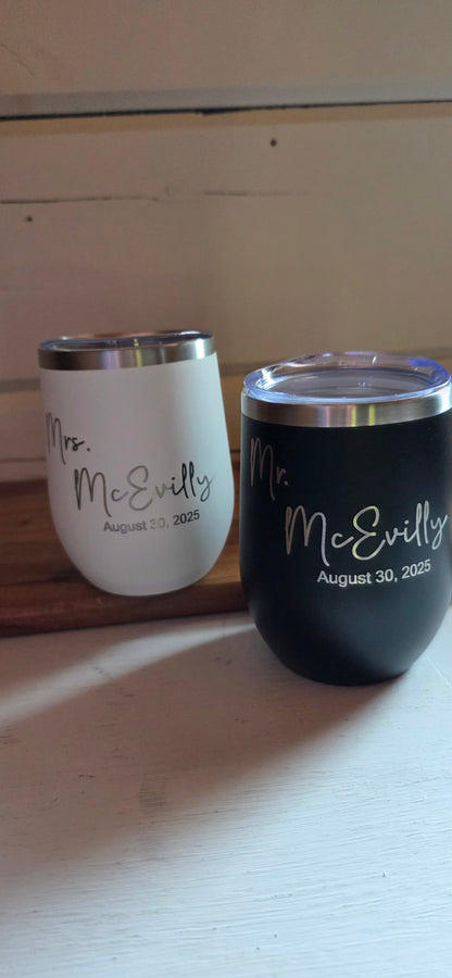Custom Mr. & Mrs. Engraved Wine Tumblers | Personalized Wedding Gift Set | Stainless Steel Couple Tumblers