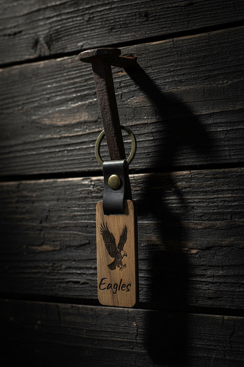 Rustic Laser Engraved Wooden Keychains – with Leather Strap