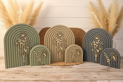 Modern Floral Arch Wood Decor – Layered 3D Flower Sign –  Neutral Boho Shelf Decor