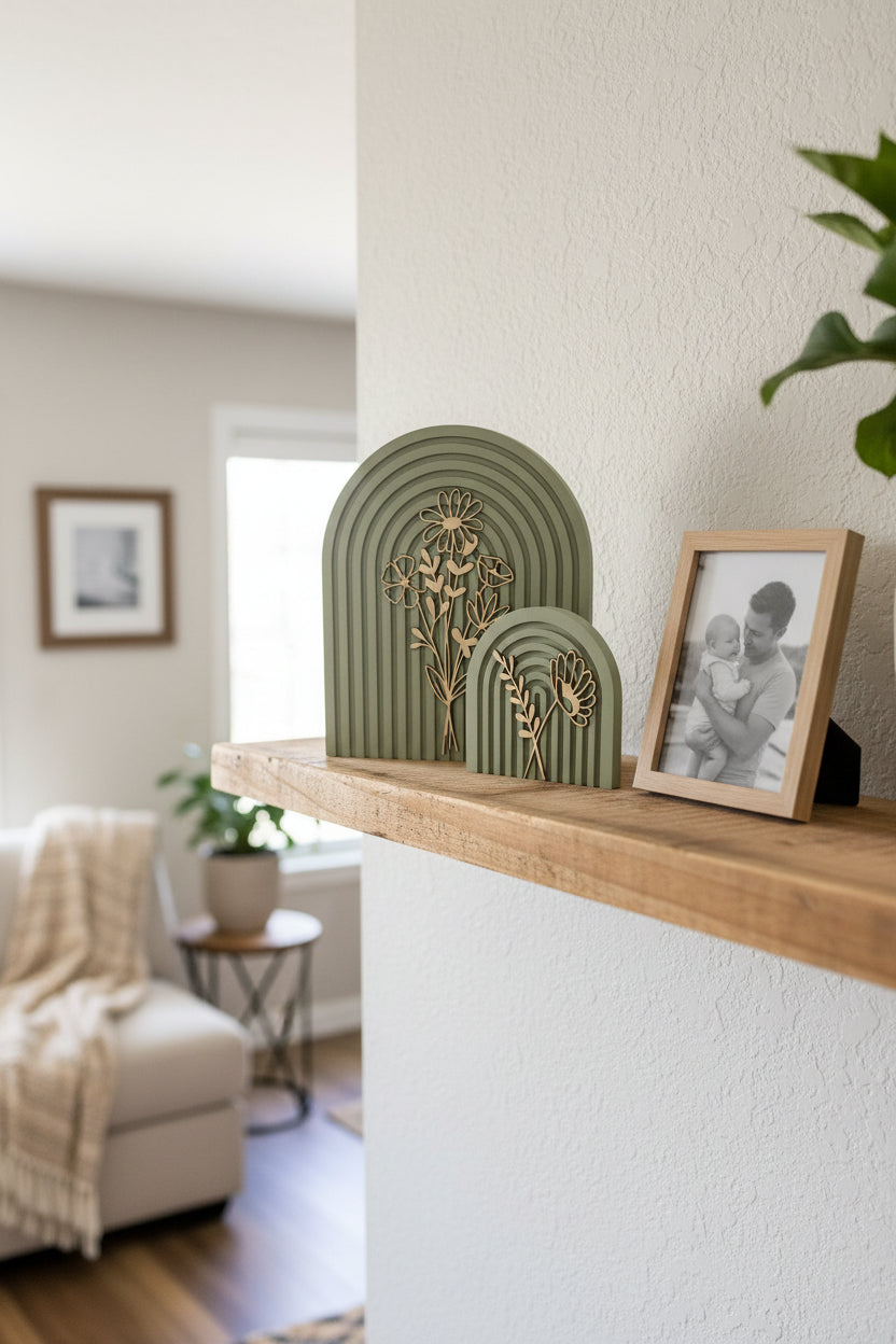 Modern Floral Arch Wood Decor – Layered 3D Flower Sign –  Neutral Boho Shelf Decor
