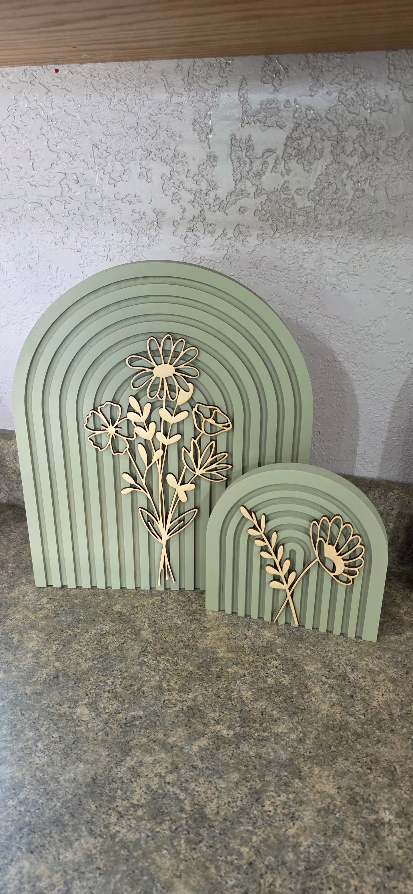 Modern Floral Arch Wood Decor – Layered 3D Flower Sign –  Neutral Boho Shelf Decor