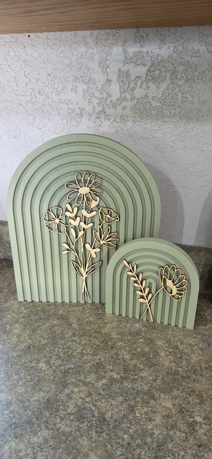 Modern Floral Arch Wood Decor – Layered 3D Flower Sign –  Neutral Boho Shelf Decor