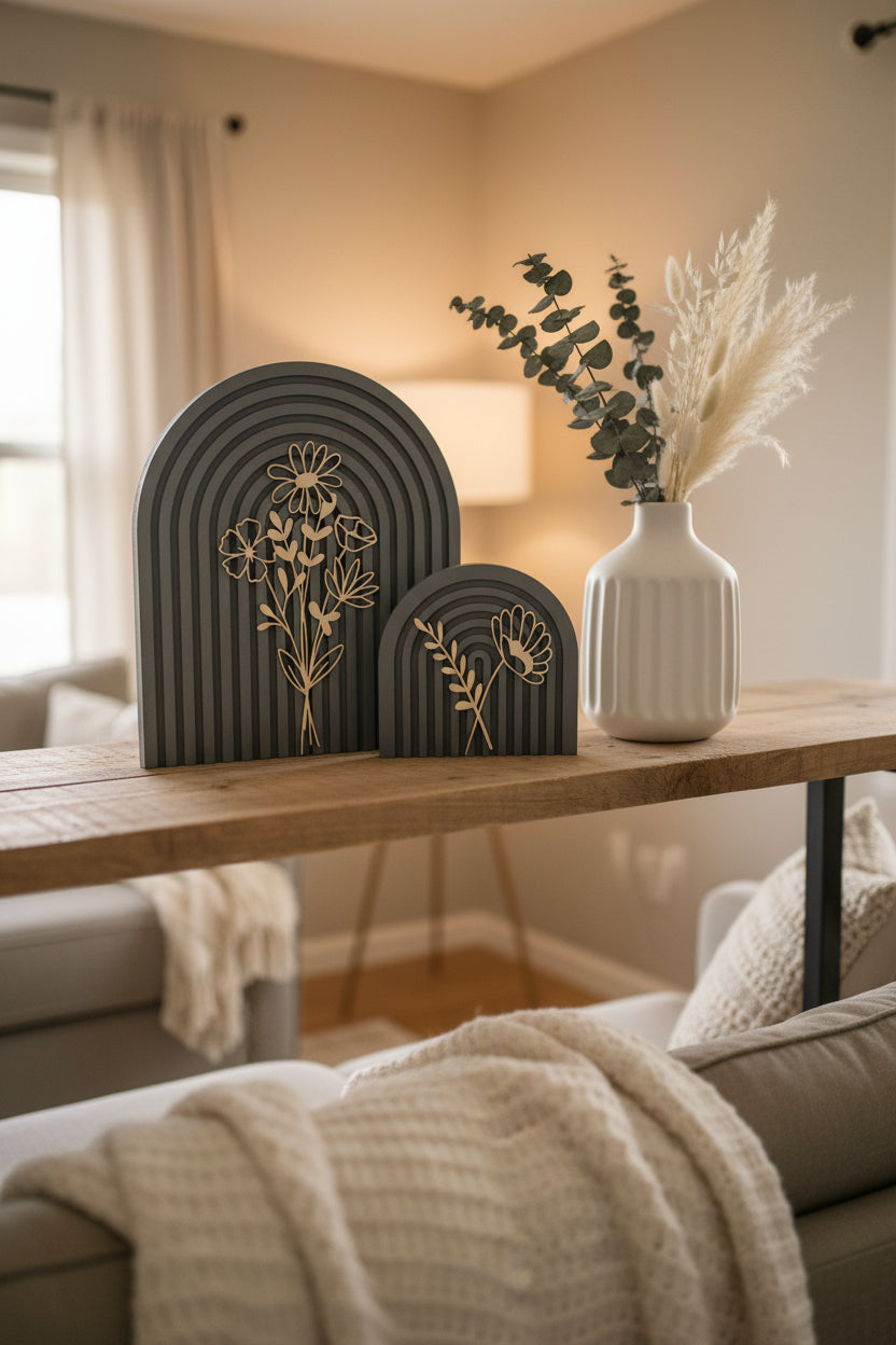 Modern Floral Arch Wood Decor – Layered 3D Flower Sign –  Neutral Boho Shelf Decor