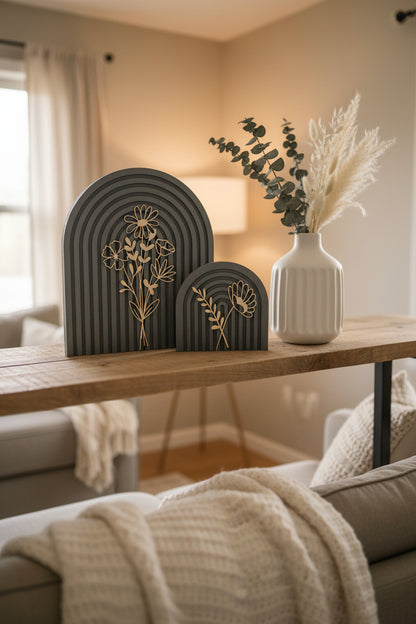 Modern Floral Arch Wood Decor – Layered 3D Flower Sign –  Neutral Boho Shelf Decor