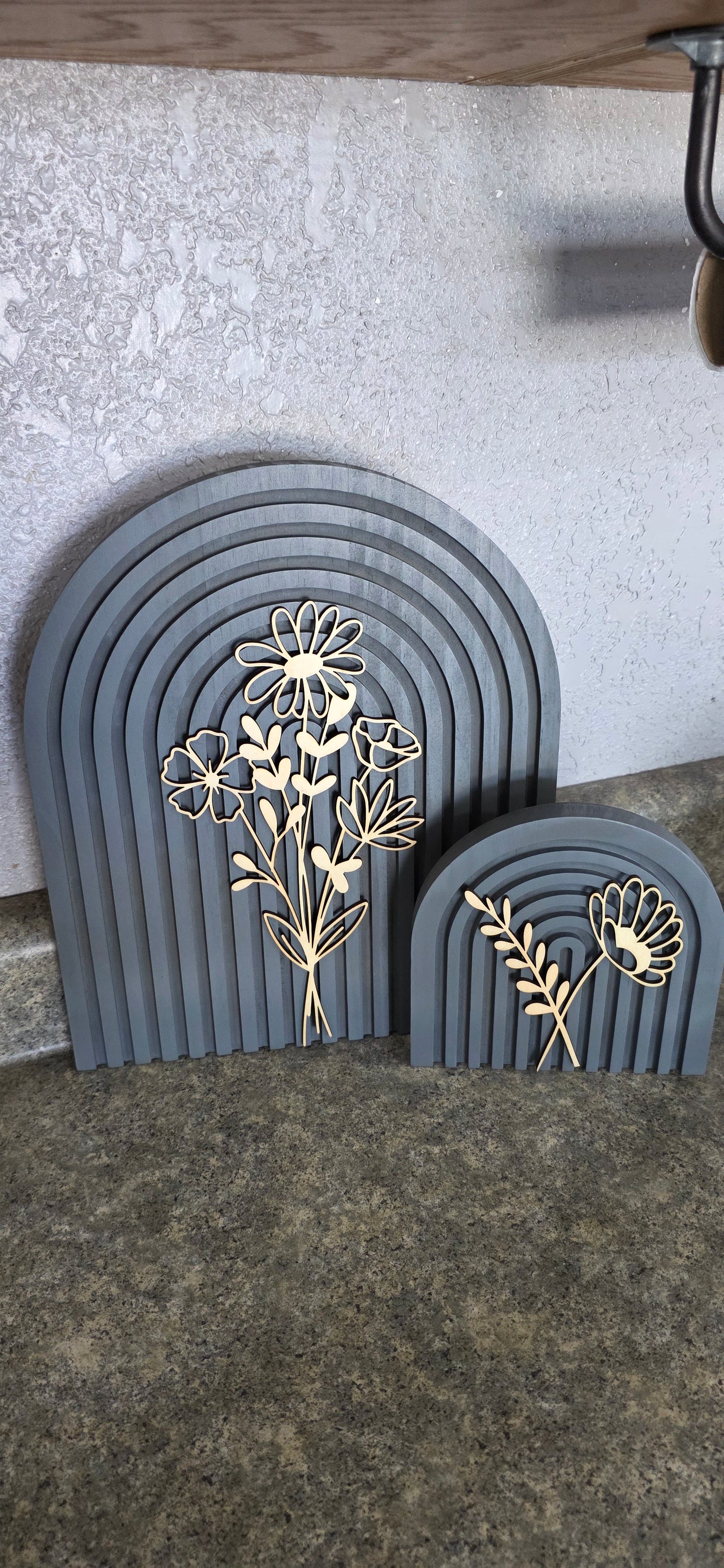 Modern Floral Arch Wood Decor – Layered 3D Flower Sign –  Neutral Boho Shelf Decor