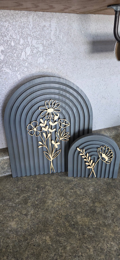 Modern Floral Arch Wood Decor – Layered 3D Flower Sign –  Neutral Boho Shelf Decor