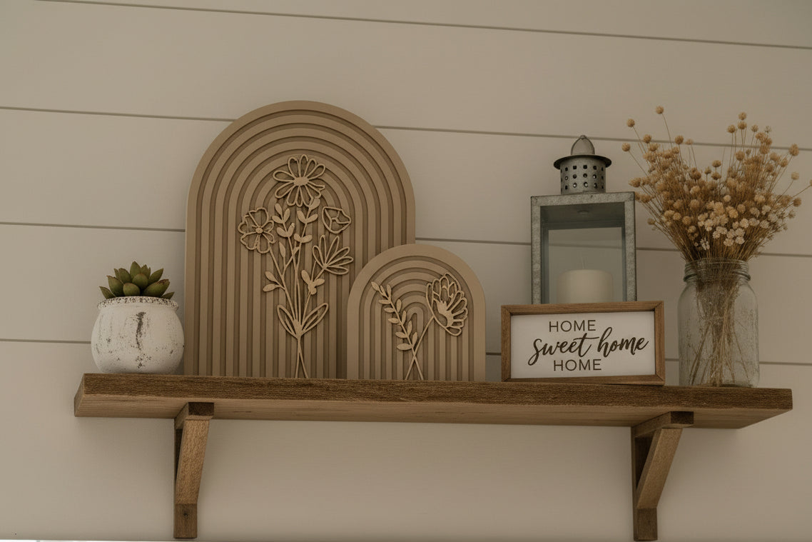 Modern Floral Arch Wood Decor – Layered 3D Flower Sign –  Neutral Boho Shelf Decor