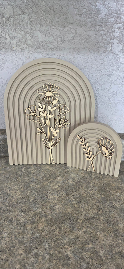 Modern Floral Arch Wood Decor – Layered 3D Flower Sign –  Neutral Boho Shelf Decor
