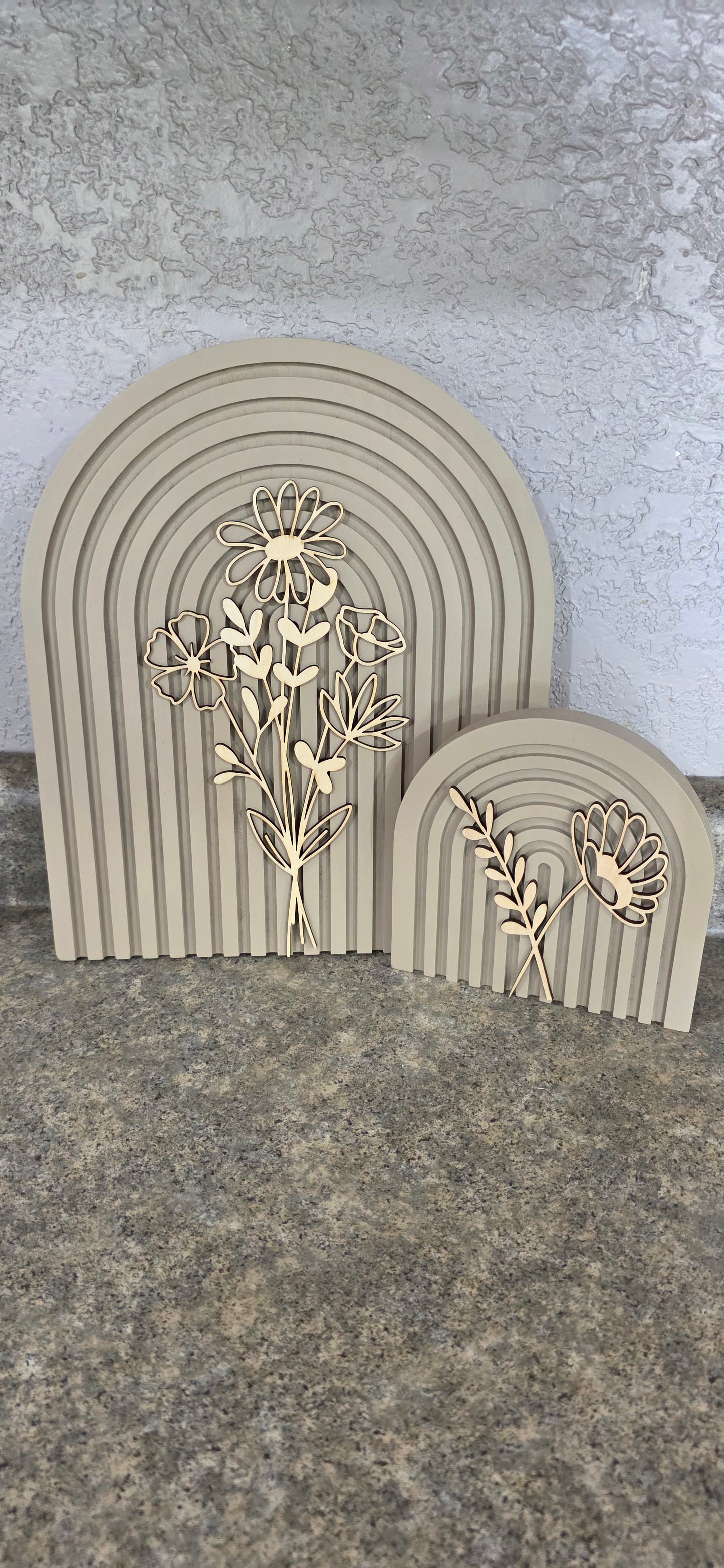 Modern Floral Arch Wood Decor – Layered 3D Flower Sign –  Neutral Boho Shelf Decor