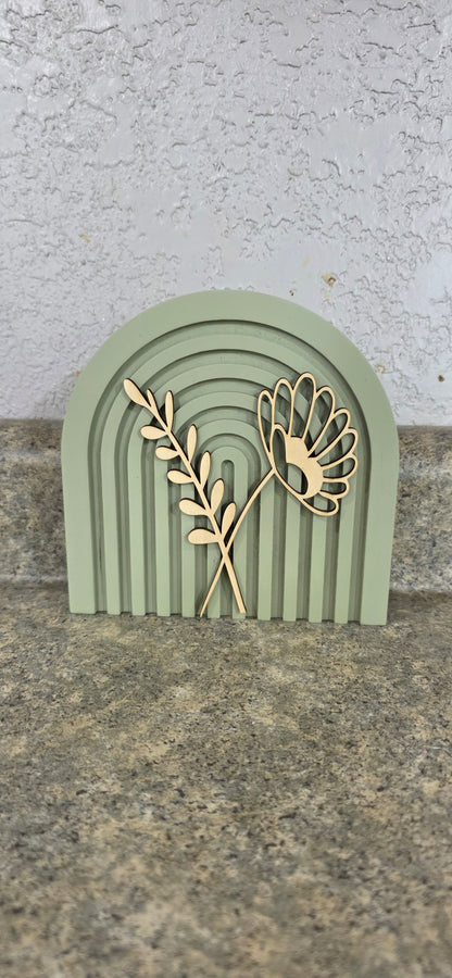 Modern Floral Arch Wood Decor – Layered 3D Flower Sign –  Neutral Boho Shelf Decor