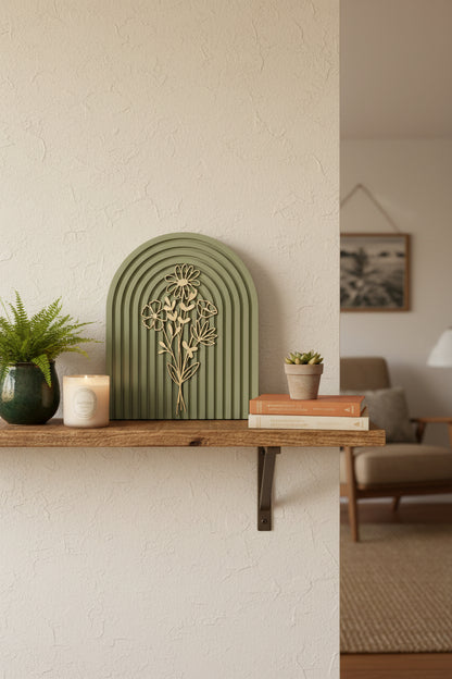 Modern Floral Arch Wood Decor – Layered 3D Flower Sign –  Neutral Boho Shelf Decor