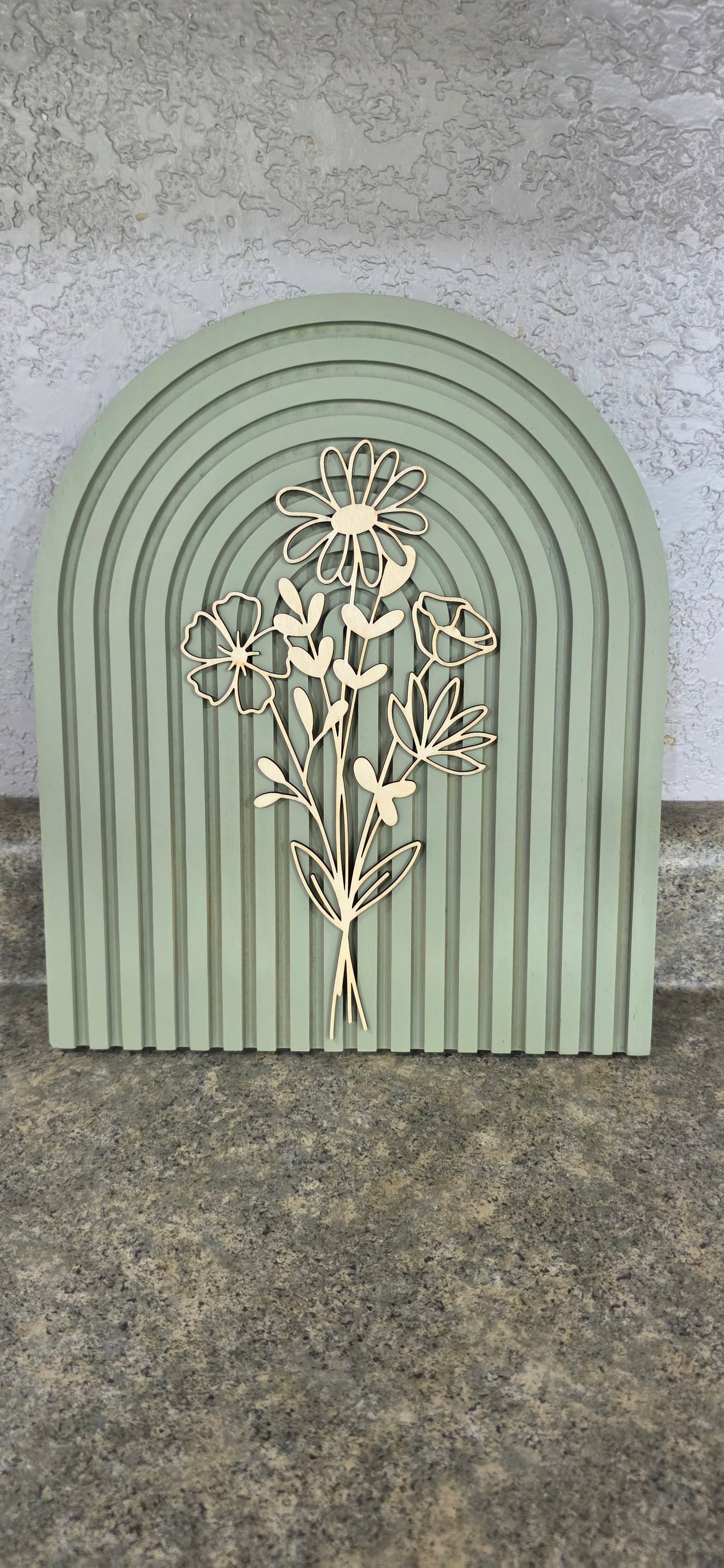 Modern Floral Arch Wood Decor – Layered 3D Flower Sign –  Neutral Boho Shelf Decor
