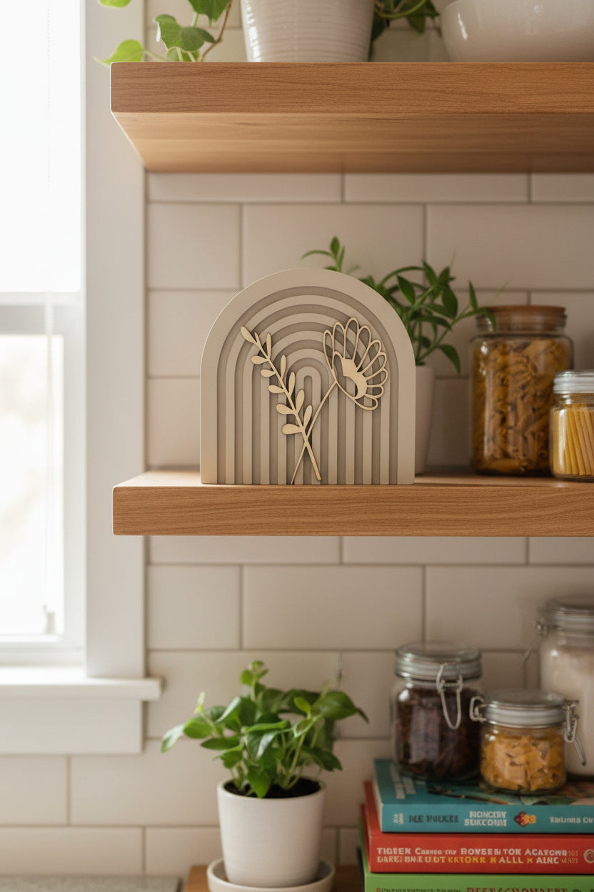 Modern Floral Arch Wood Decor – Layered 3D Flower Sign –  Neutral Boho Shelf Decor
