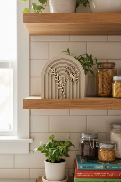 Modern Floral Arch Wood Decor – Layered 3D Flower Sign –  Neutral Boho Shelf Decor