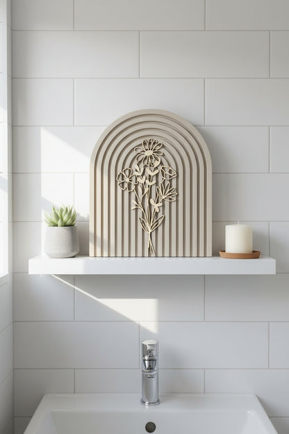Modern Floral Arch Wood Decor – Layered 3D Flower Sign –  Neutral Boho Shelf Decor