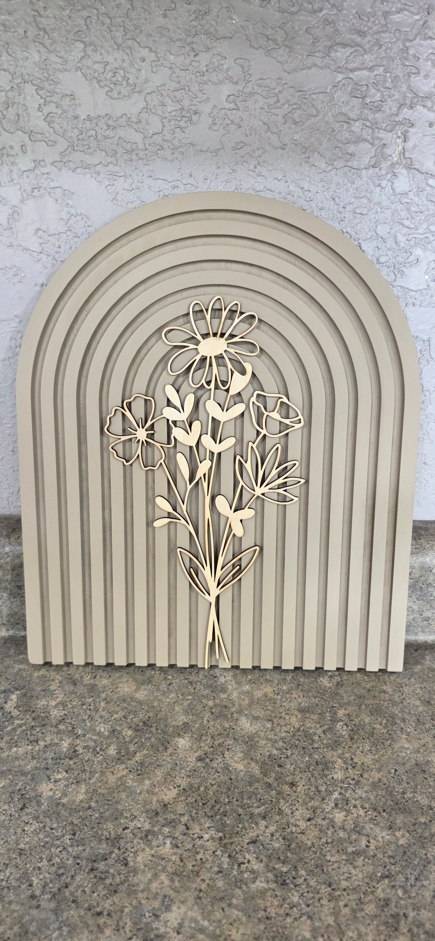 Modern Floral Arch Wood Decor – Layered 3D Flower Sign –  Neutral Boho Shelf Decor