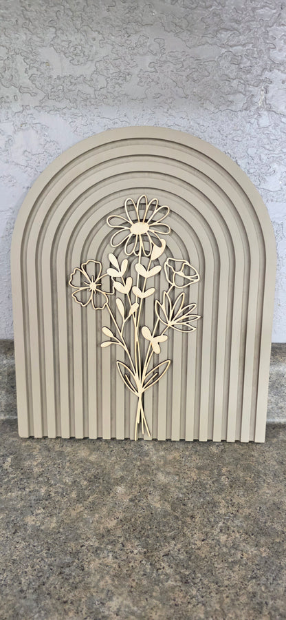 Modern Floral Arch Wood Decor – Layered 3D Flower Sign –  Neutral Boho Shelf Decor