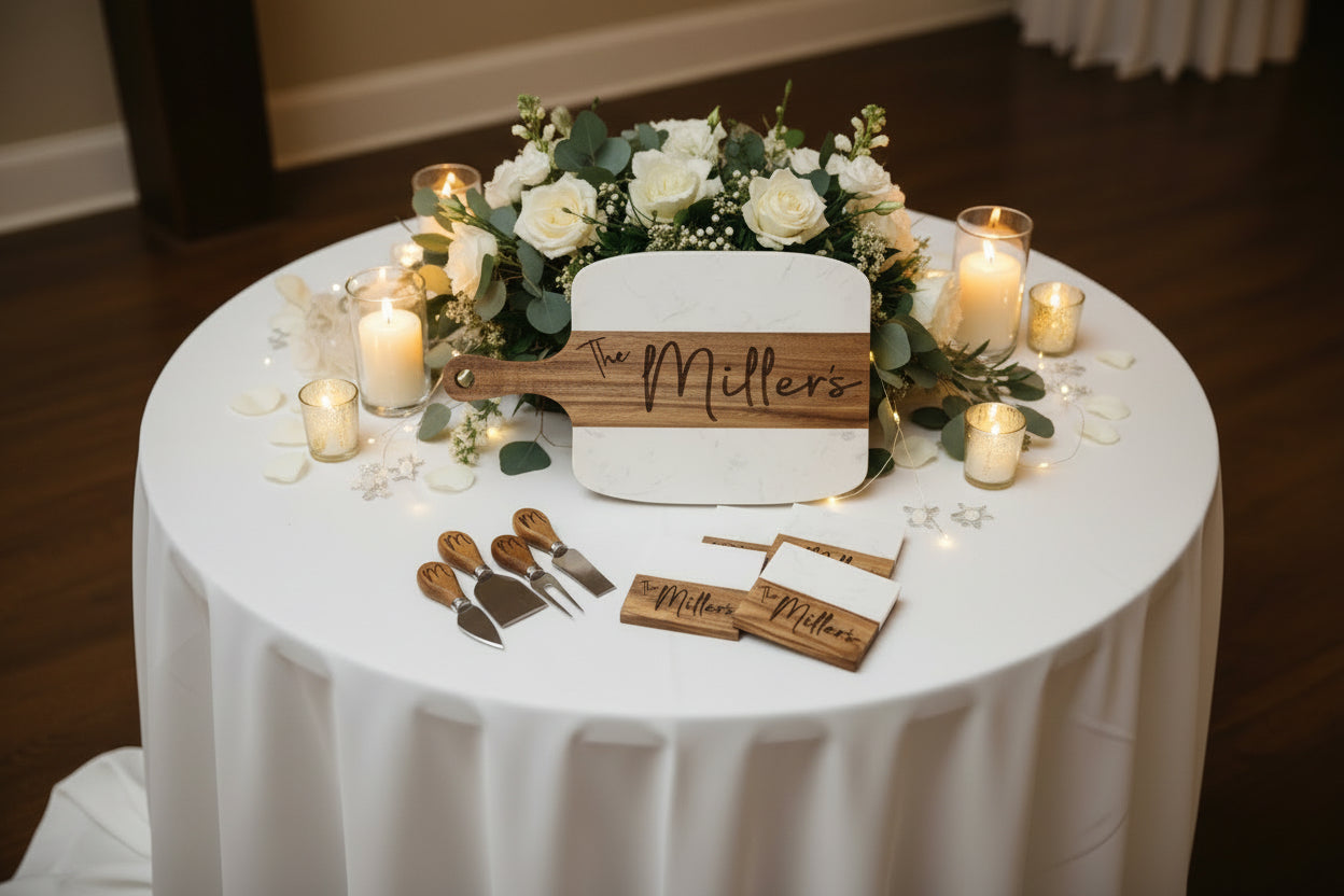 The Wedding & Anniversary Package – Personalized Charcuterie Gift Set With Coasters