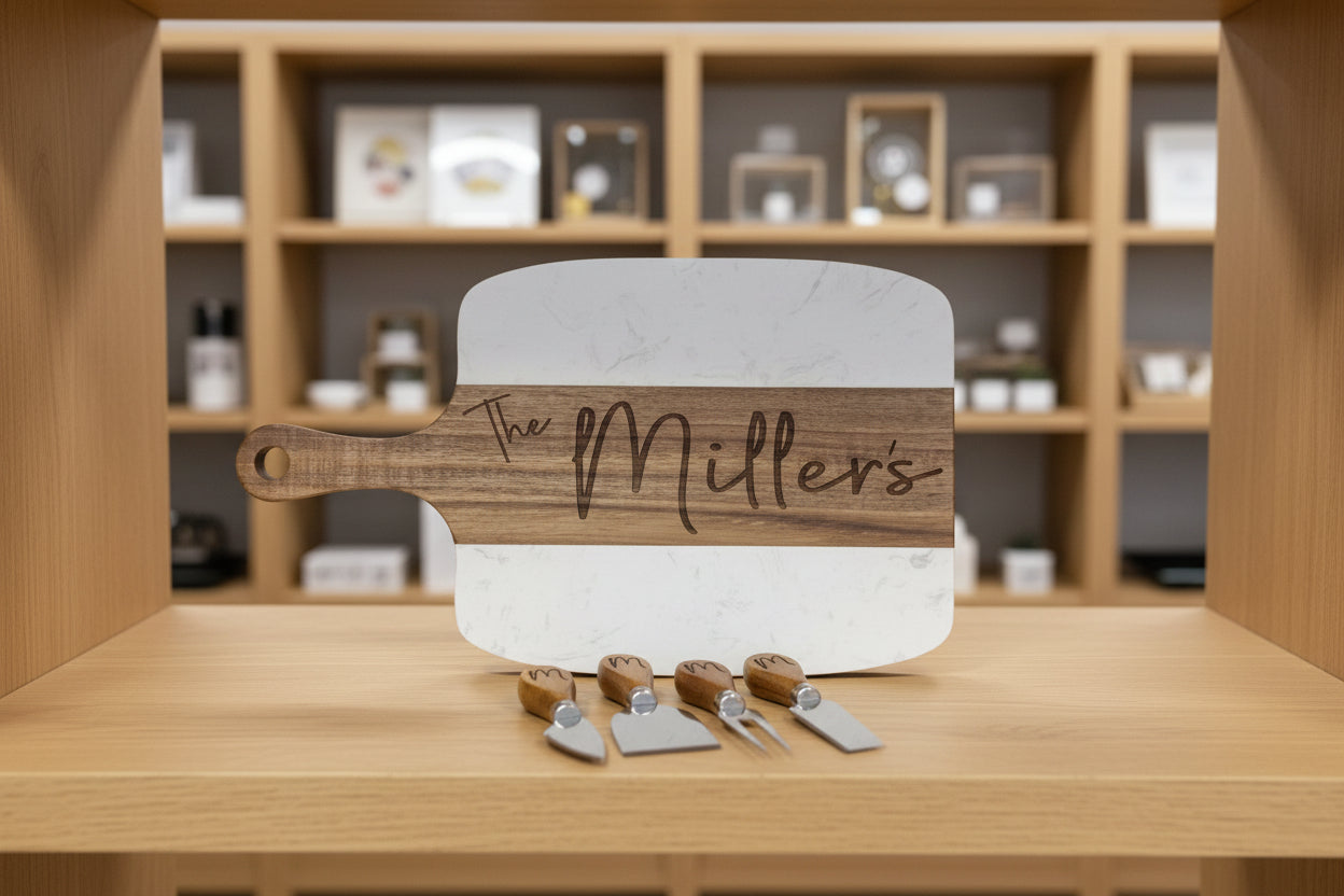 Personalized Marble & Acacia Cheese Board Set with Engraved Utensils