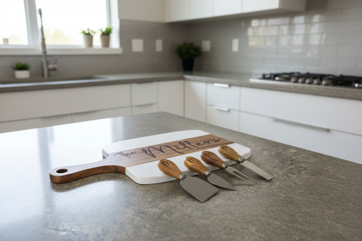 Personalized Marble & Acacia Cheese Board Set with Engraved Utensils