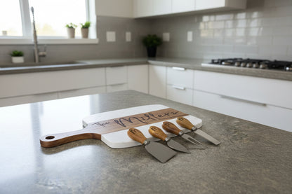 Personalized Marble & Acacia Cheese Board Set with Engraved Utensils