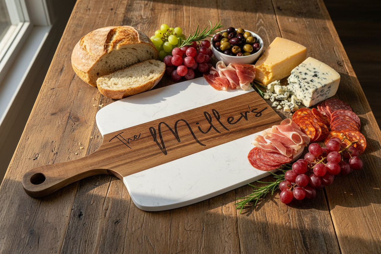 Personalized Marble & Acacia Cheese Board Set with Engraved Utensils