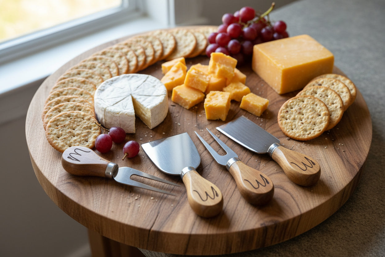 Personalized Marble & Acacia Cheese Board Set with Engraved Utensils