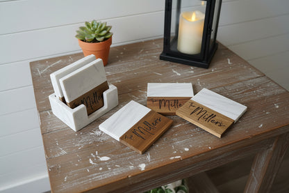 Personalized Marble & Acacia Wood Coaster Set