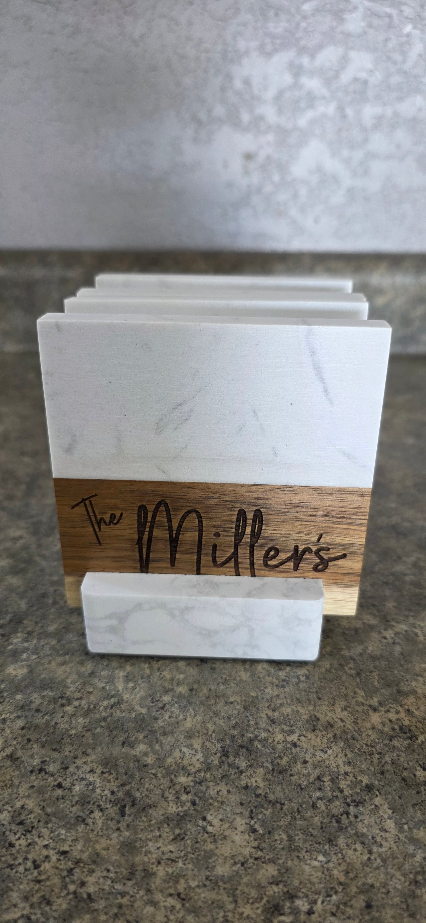Personalized Marble & Acacia Wood Coaster Set
